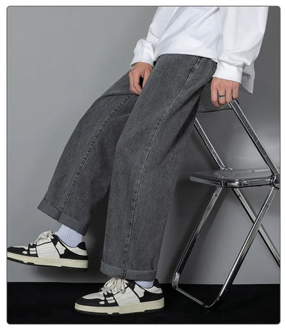 New Korean Men's Casual Long Jeans Classic Man Straight Denim Wide-leg Pants Solid Color Light Blue Grey Black 3XL