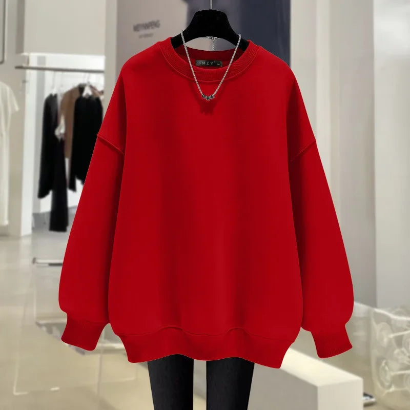 Pink Round Neck Sweatshirt Women's Fleece-Lined Thickened New Solid Color Idle Style Loose-Fit Pullover Top Autumn/Winter 2024