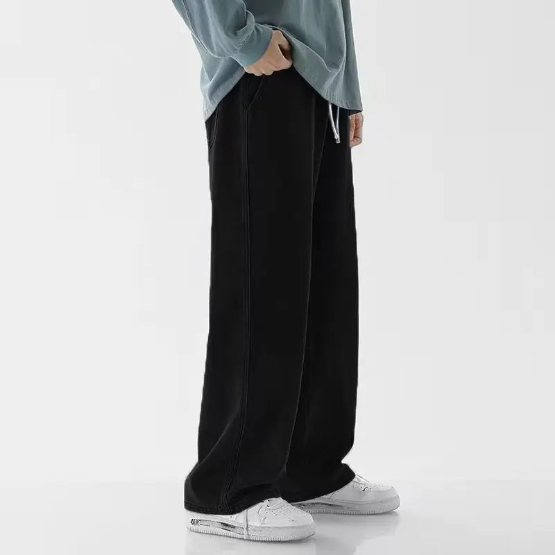 2023 New Korean Men's Casual Long Jeans Classic Man Straight Denim Wide-leg Pants Solid Color Light Blue Grey Black 3XL