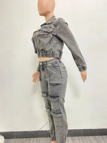 Pant Sets Long Sleeve Women Tracksuit Zipper Denim Coat Cargo Ankle Length Pants Pockets High Street Spliced Slim 2024