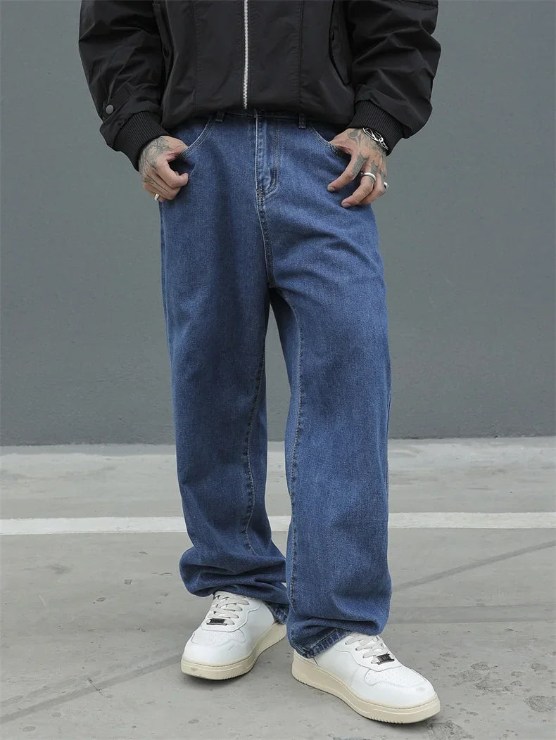 New Men's Cotton Baggy Y2K Jeans Fashion Male Clothes Elastic Waist Washed Wide Leg Pants Solid Straight Loose Denim Trousers