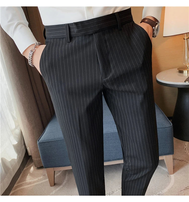 British Style Striped Slim Fit Suit Pant Men Business Casual Simple Dress Pants High Quality Social Wedding Party Trousers 38-28