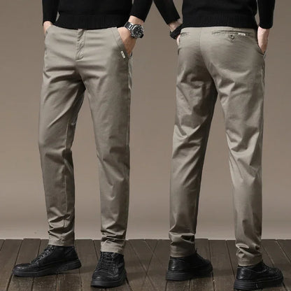 Autumn New Pure Cotton Casual Pants for Men Black Khaki Gray Business Slim Straight Elastic Fashion Casual Long Pants Male