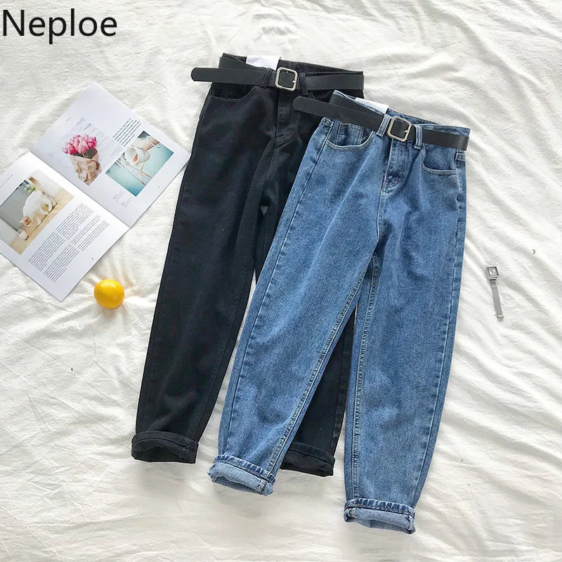 Neploe BF Korean High Waist Jeans Women Solid Belt Harem Pants Loose Casual New High Street Denim Trousers Pantalon Femme 90231