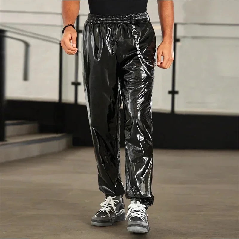 Men's Shiny Faux Latex Leather Lantern Pants Casual Loose with Chain Hip Hop Moto Trousers Pocket Clubwear Elastic New Hot 2024