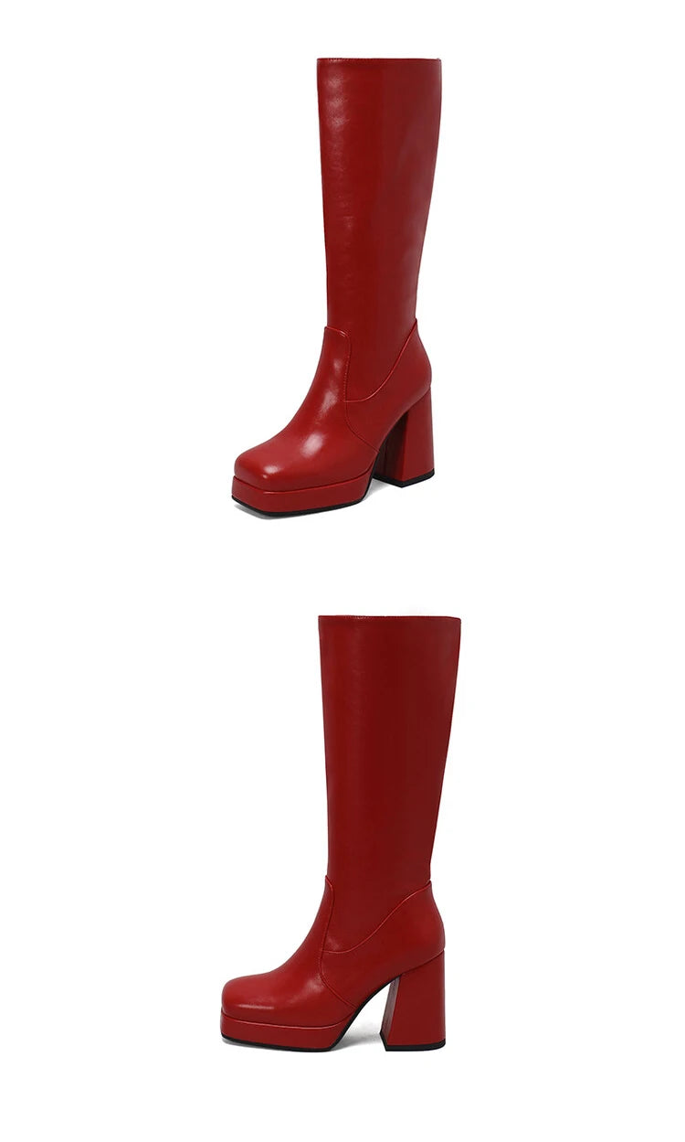 Square Toe Platform Ultra-High Thick Heel Soft PU Side Zipper Women's Knee High Boots With Plush Lining Autumn New Knight Boots