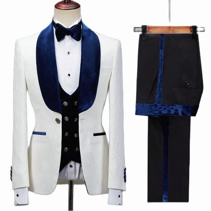 Floral Jacket Men Suit Slim Fit Wedding Tuxedo Navy Blue Velvet Lapel Groom Party Suits Costume Homme Best Man Blazer