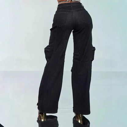 DEAT Fashion Women's Hollowed Out Diamond Denim Cargo Pants High Waist Multiple Pockets Elastic Jeans Female 2024 Autumn New