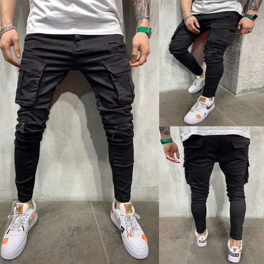 Men Wash Solid Color Multiple Pockets Holes Mid Waist Cargo Pants Trousers Slim Fit Daily Wear Joggers Street Elastic Jeans