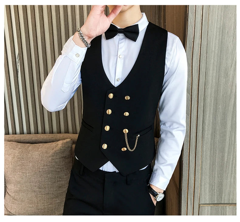 2025 Latest Style Double Breasted Men Suit Vest Gold Button Slim Fit Formal Groom Wedding Vest Streetwear Sleeveless Vest Jacket