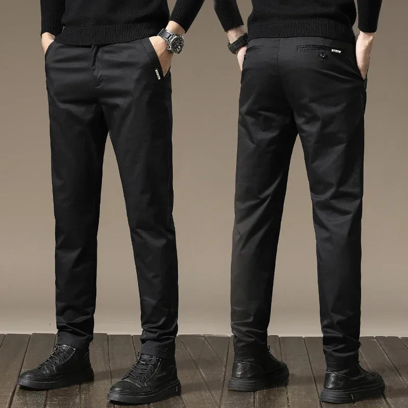 Autumn New Pure Cotton Casual Pants for Men Black Khaki Gray Business Slim Straight Elastic Fashion Casual Long Pants Male