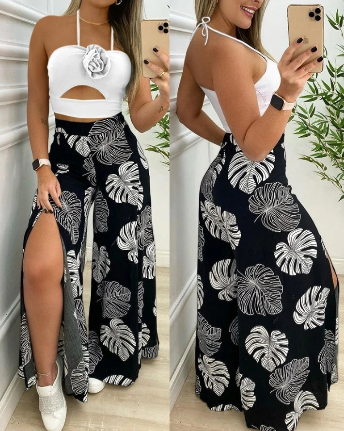 Two Piece Sets Womens Outifits 2024 Summer Print Temperament Sleeveless Slim Top & Casual High Waist Fashion Wide Leg Pants Set