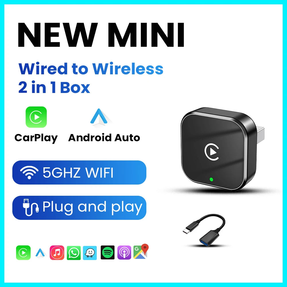 PLAYAIBOX sans fil 2 en 1 CarPlay Android Auto sans fil Supermini Box adaptateur Plug And Play Dongle Bluetooth WiFi connexion rapide