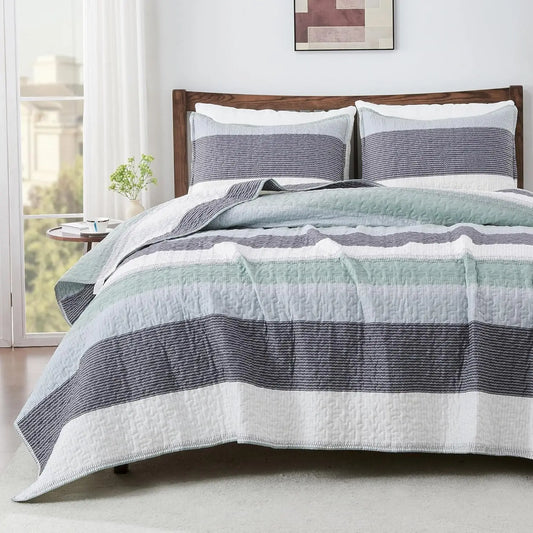 King Size Quilt Set Sage Green, 3 Pieces Mint Green Ultra Soft Lightweight Bedspreads & Coverlets Set, Patchwork Striped Quilted