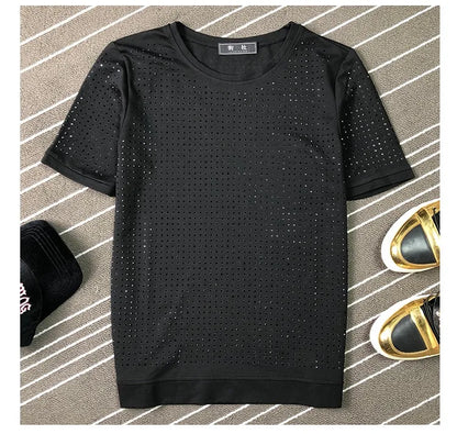 Summer High Quality New  Shiny Round Neck Pure Cotton Slim Heavy Industry Classic Full Diamond Short Sleeve T-Shirt Men