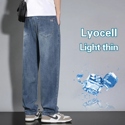 Summer Thin Men's Straight Loose Gray Jeans Soft Fabric Lyocell Fabric Light Colored Casual Pants Male Brand Trousers