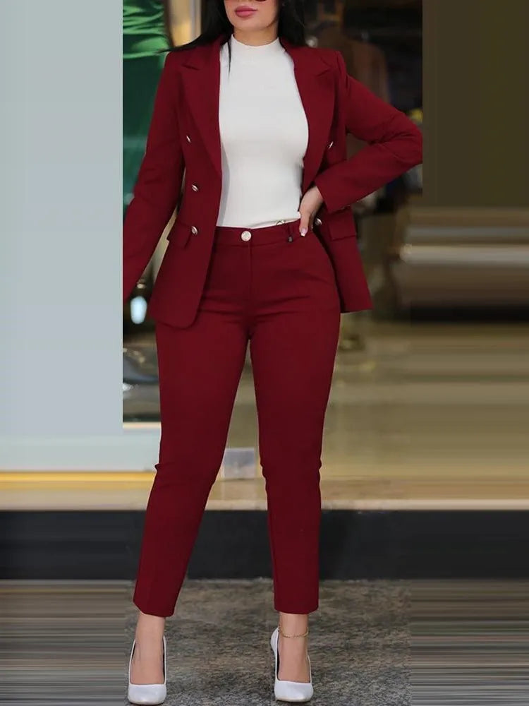 Elegant Office Lady Two Piece Sets New Autumn Winter Women Fashion Notched Neck Long Sleeve Blazer & High Waist Work Pants Suit