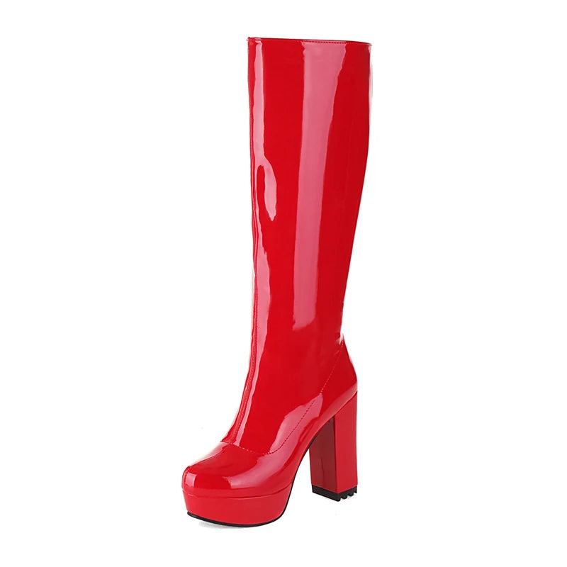 Platform Knee High Boots Women Sexy Patent Leather Women's High Boot White Red Yellow Green Party Shoes Ladies Winter Large Size