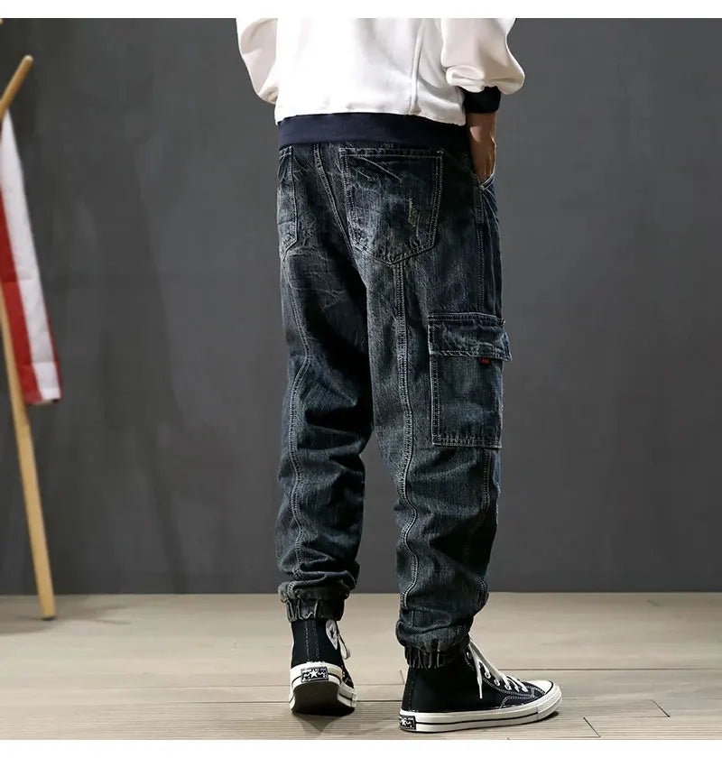 Street Fashion Men Jeans Retro Blue Printed Designer Big Pocket Casual Cargo Pants Hombre Hip Hop Joggers Men Loose Ripped Jeans