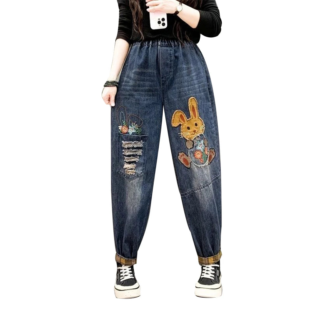 New High Quality Women Retro Patch Embroidered Printed Loose Jeans Women Ripped Casual Jeans