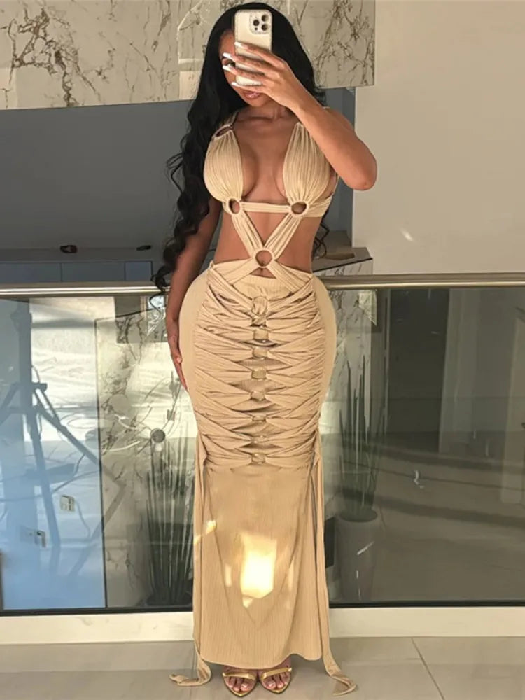 Joskaa Sexy Bandage Cross Hollow Maxi Dress Women  V-Neck Backless Backless Elegant Party Dresses Birthday Clubwear Summer 2024