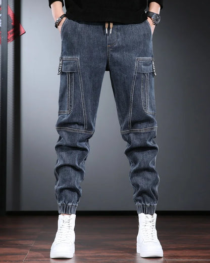 Autumn Jeans Men Baggy Cargo Pants Streetwear Hip Hop Casual Blue Gray Elastic Waist Denim Trousers CP2013