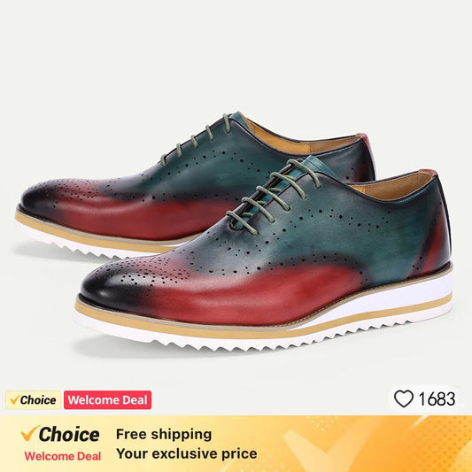 New Men's Business Leather Shoes Fashion Summer Lace-Up Blue Black Hand Carved Wedding Shoes  Office Oxford Shoes