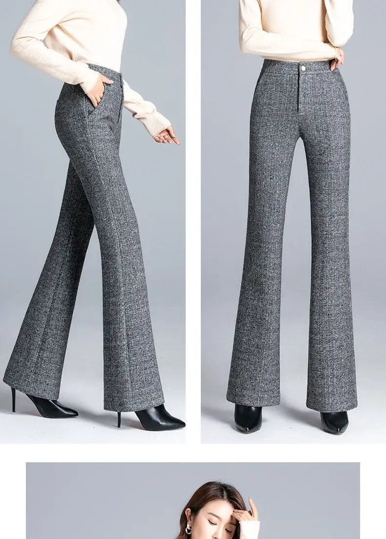 Office Lady Fashion Thicken Wool Flare Pants Autumn Winter New Korean Slim High Waist Wide Leg Women Solid Casual Suits Trousers