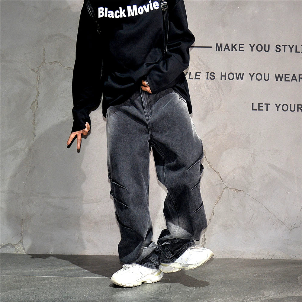 High Quality Black Vintage Casual Gradient Cargo Jeans Streetwear Straight Leg Jeans Hip Hop Denim Pants Kpop Trousers Male