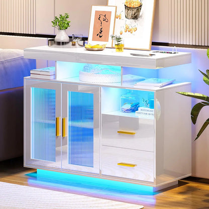 39.4" Modern LED Sideboard Buffet Cabinet with Charging Station, High Glossy Cupboard with Motion Sensor Light, Sideboards