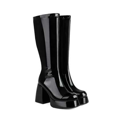 Purple Patent Leather Knee High Boots Waterproof Platform 10cm Thick Heel Bar Stage Boots 35-48  Zip Square Head Long Boots Side