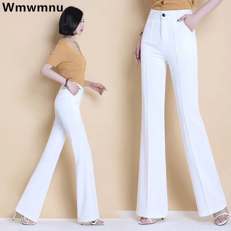 White Suit Flare Pants Women Casual Slim High Waist Office Straight Pantalones New Korean Elegant Formal Spodnie Black Trousers