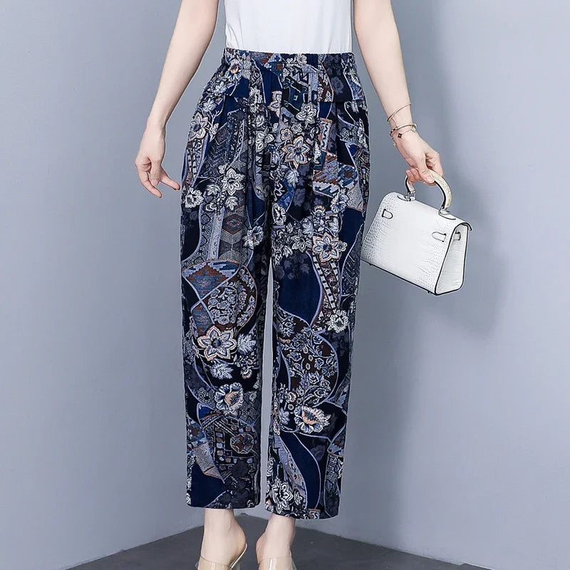 Women Pants High Waist Loose Print Summer Pants for Women Elastic Waist Vintage Clothing