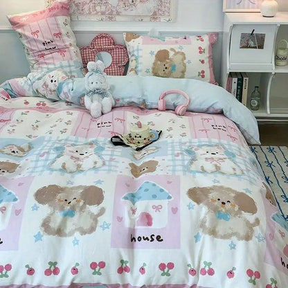 Kawaii Bedding Set for Kids Ins Twin Queen Size Duvet Cover Flat Sheet Pillowcase No Filler Girls Boys Home Totel Bed Linens