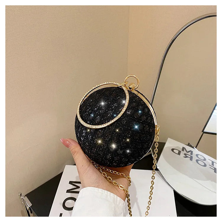 Sparkly Round Evening Purses for Women Shiny Diamonds Handbag Unusual Party Mini Small Bags Fashion Luxury Shoulder Bag Woman