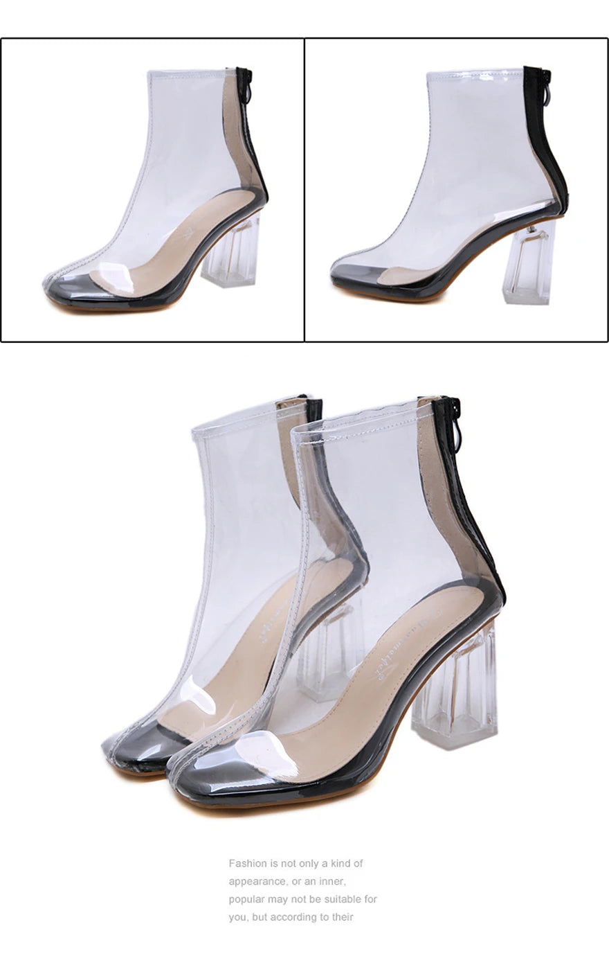 Sexy Transparent Clear PVC Women Ankle Boots Square Toe High Heels Zipper Shoes Platform Ladies Fashion Crystal Thick Heel Boots