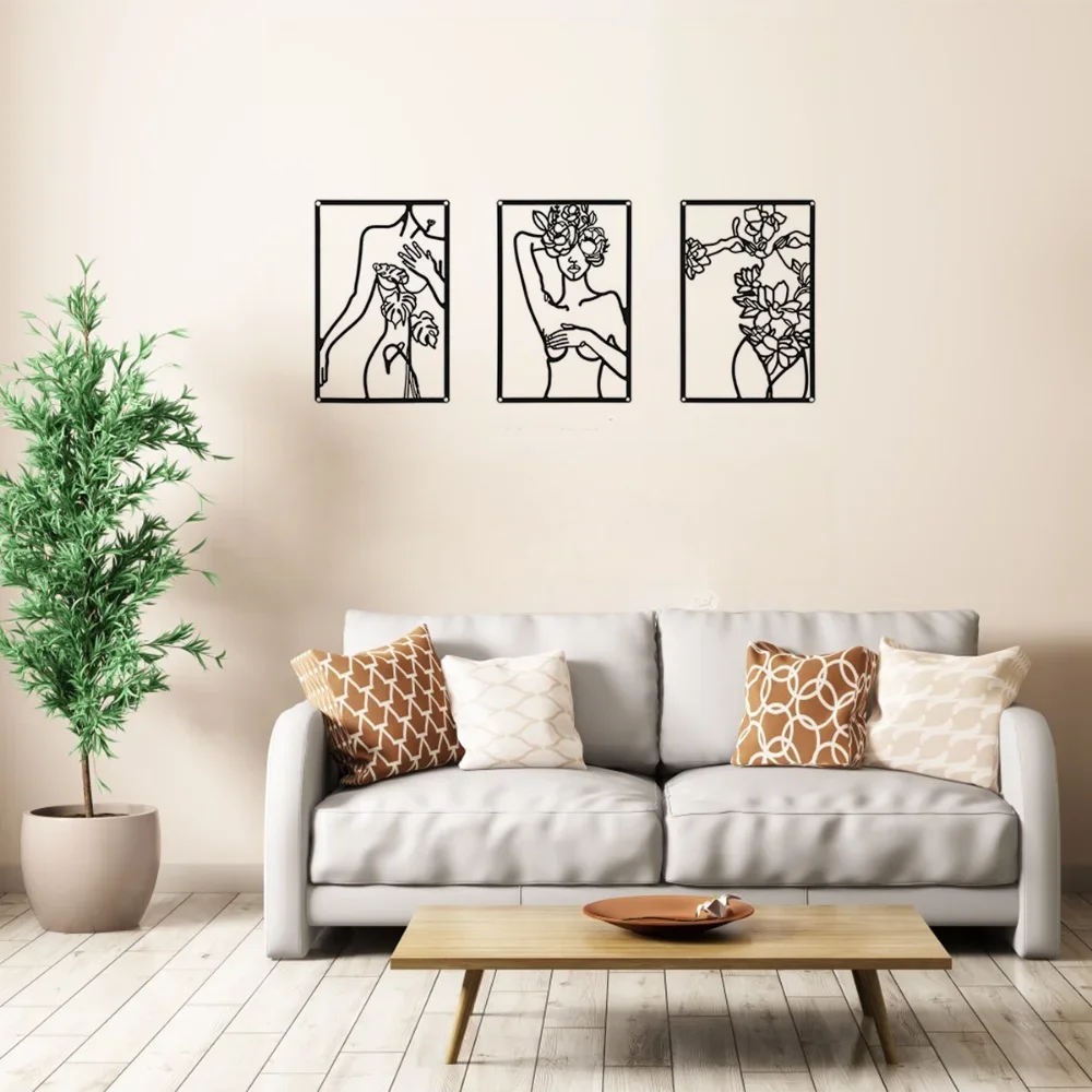 Set of 3 Minimalist Abstract Woman Wall Art Metal Line Drawings for Home Decor Elegant Accents for Bedroom Kitchen, & Bathroom