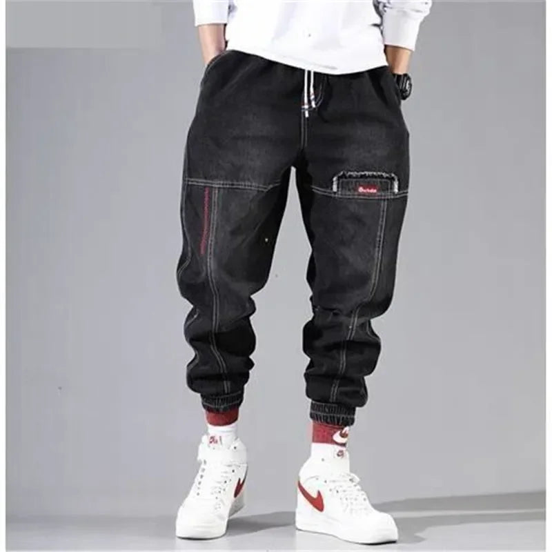 Trendy Joggers Men Cargo Pants with Light Denim Cargo Pocket HIP HOP Black Loose Haren Cropped Jeans Pants for Men S-4XL 5XL