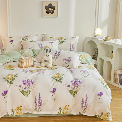 4 Pieces Bedding Set Country Romantic Lavender Flower Duvet Cover Set Purple Yellow Floral Quilt Cover Microfiber Bedspread Set