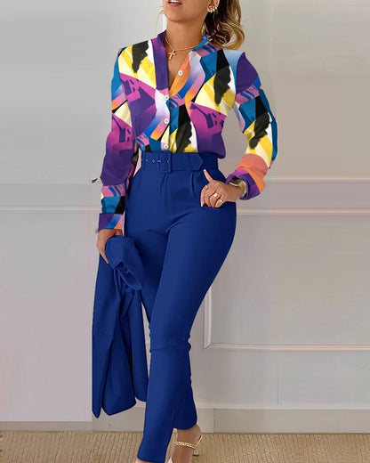 Elegant Women Two Piece Set Suits Fall New Fashion Print Long Sleeve Top Solid Color Pants Set With Belt  Blouses Female Clothes