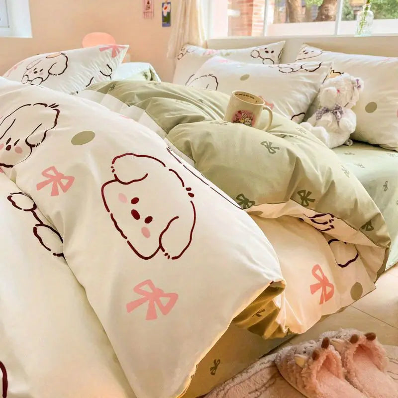 Kawaii Bedding Set for Kids Ins Twin Queen Size Duvet Cover Flat Sheet Pillowcase No Filler Girls Boys Home Totel Bed Linens