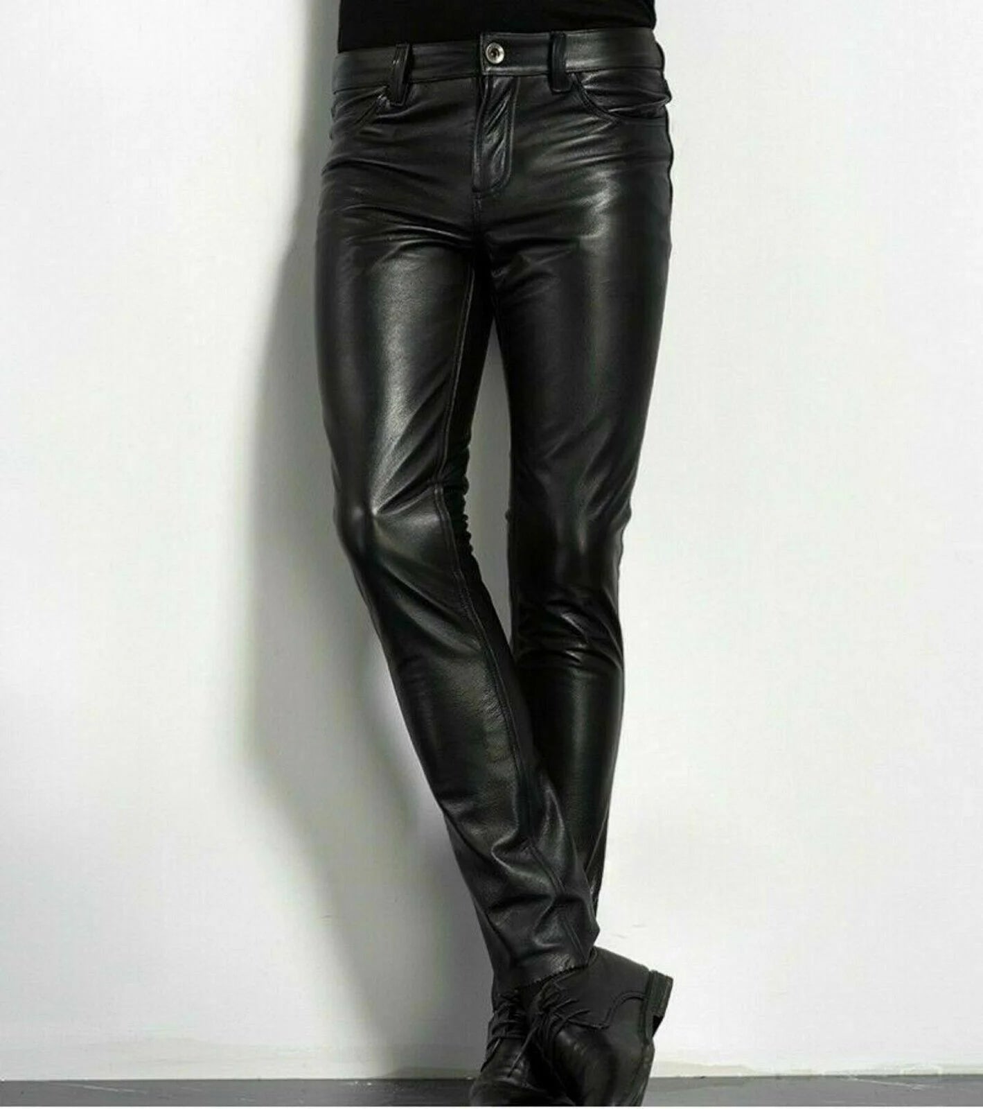 PU Leather Pants Men's Fashion Rock Style Night Club Dance Pants Men's Faux Leather Slim Fit Skinny Motorcycle Trousers