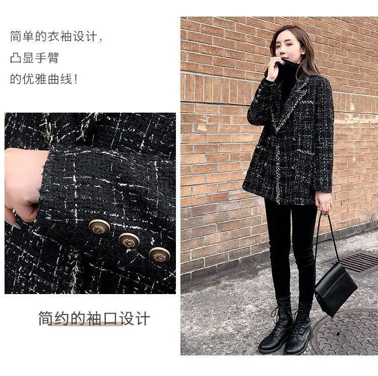 New Vintage Plaid Tweed Blazers Autumn Winter Thicken Fashion Jackets Female Double Breasted Elegant Black Coats Outwear D92