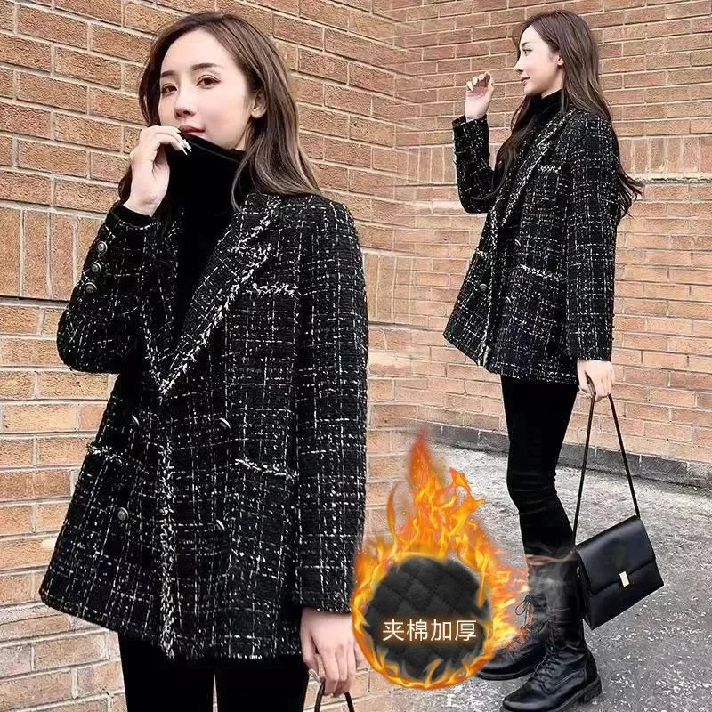 New Vintage Plaid Tweed Blazers Autumn Winter Thicken Fashion Jackets Female Double Breasted Elegant Black Coats Outwear D92