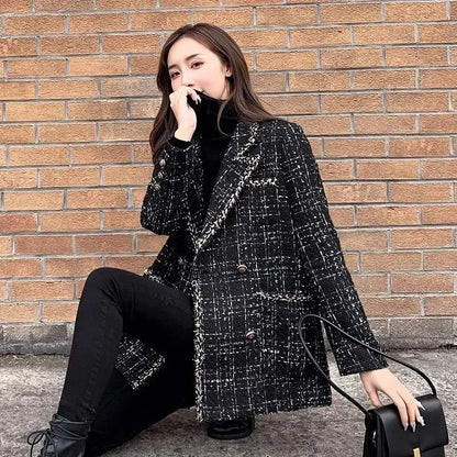 New Vintage Plaid Tweed Blazers Autumn Winter Thicken Fashion Jackets Female Double Breasted Elegant Black Coats Outwear D92