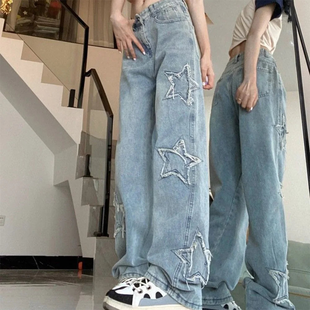 American Retro High Street Jeans Female Spring and Autumn New Design Embroidery High Waist Thin Wide Leg Trousers Tide