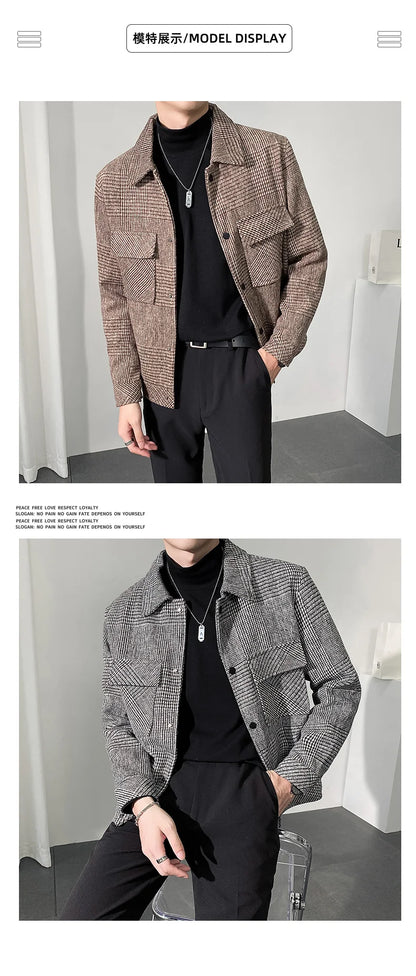 2024Autumn/Winter Men Polo Neck Woolen Jacket Fashion Slim Fit Suit Coat HighQuality Checkered Multi Pocket Korean Casual Jacket