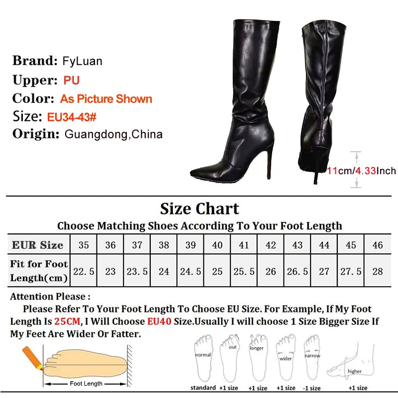 Autumn Winter Leather Knee-High Boots Women Side Zipper 11CM Fashion Pointed Long Boots Ladies Thin High Heels Club Party Shoes