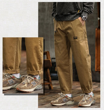 HIQOR Mens Clothing Spring Autumn Cargo Pants Man Cotton Casual Loose Trouser Belt Mid Waist Joggers Male Straight Baggy Pants