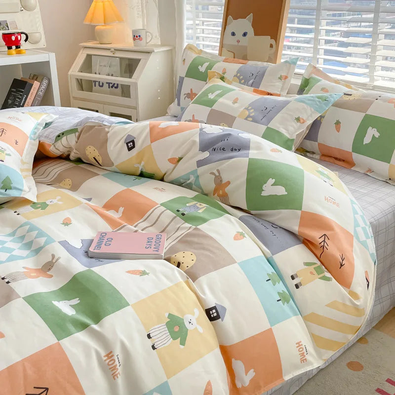 Cute Home Comforter Bedding Sets Washed Cotton Duvet Cover Flat Bed Sheet Set Twin Full Queen King Size Bed For Girls Couple